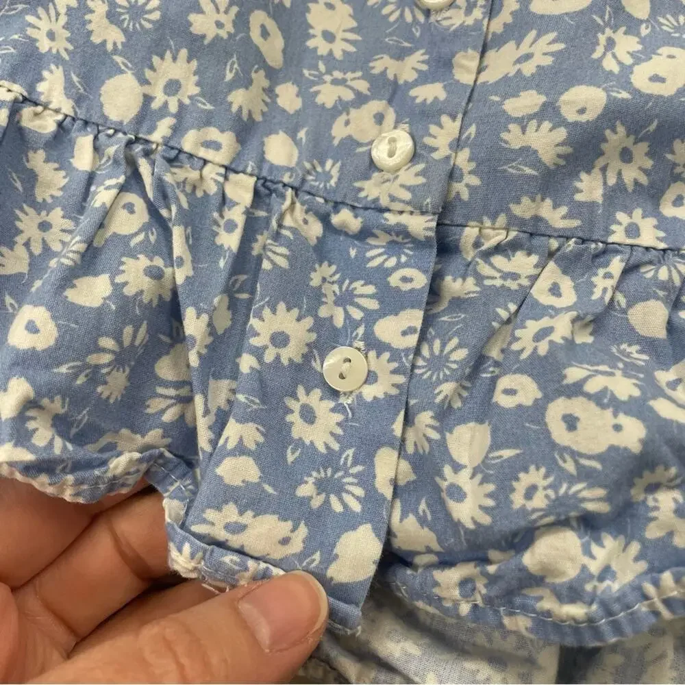 Zara Blue White Ditsy Floral Puff Sleeve Button Down Crop Top Blouse S Ruffled
